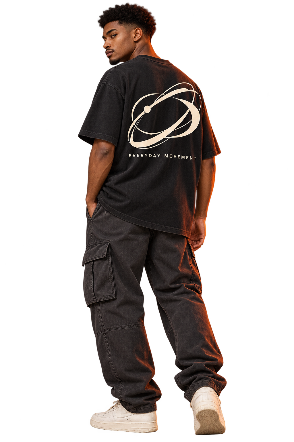 Orbital Motion artwork on an oversized black tee