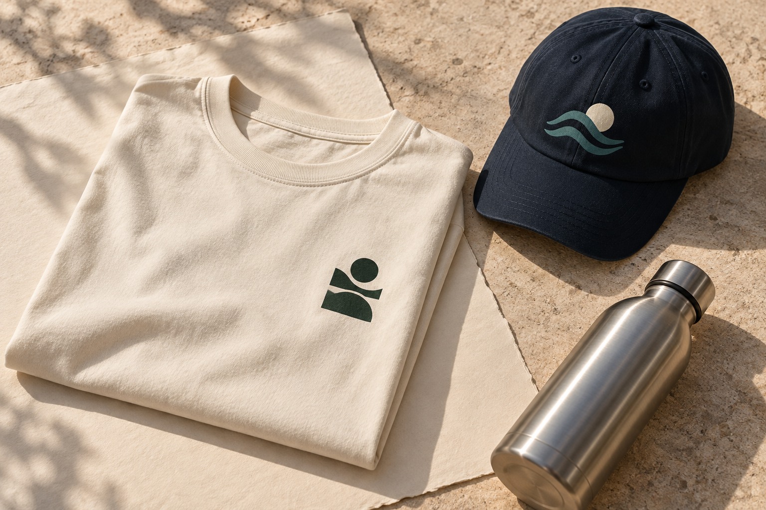 Flat lay of an oversized tee and cap on a warm neutral surface